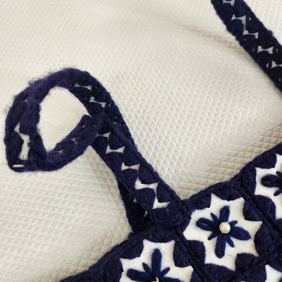 Vintage 60s Navy Blue Granny Square Purse Handbag Pocketbook Crochet Yarn Boho - Picture 5 of 8